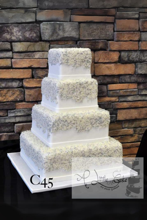 C45 – Rectangular Fondant Wedding Cake With White And Silver Bead Design