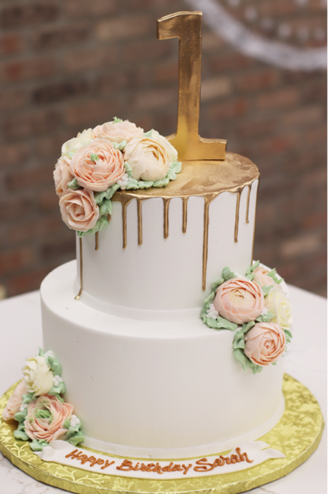 First Birthday Cake with Gold Drip and Fancy Buttercream Flowers