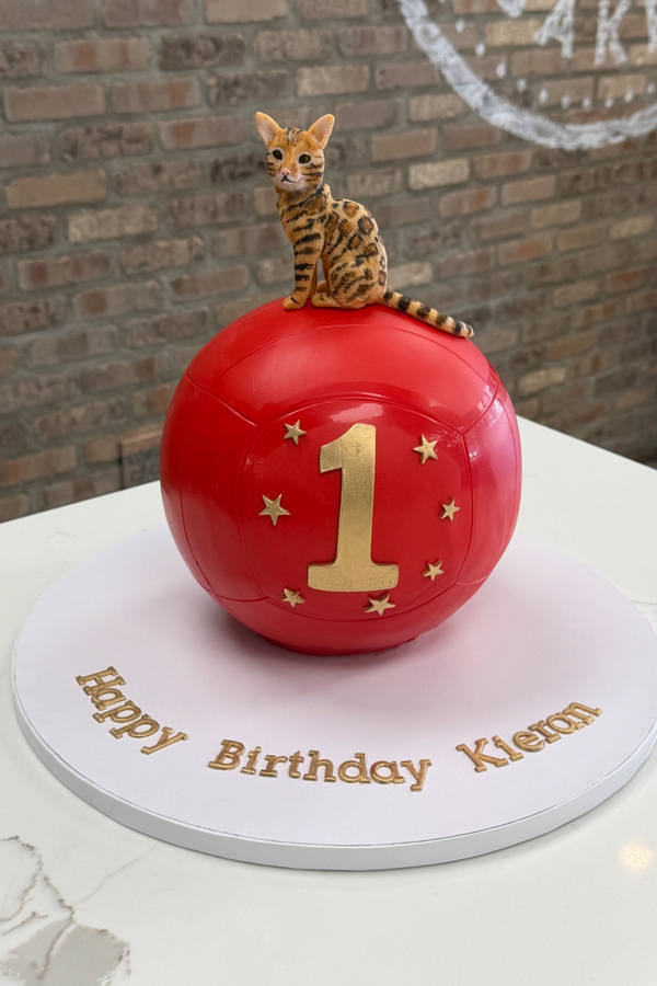 Sculpted ball first birthday cake with cat topper, number 1 and stars.