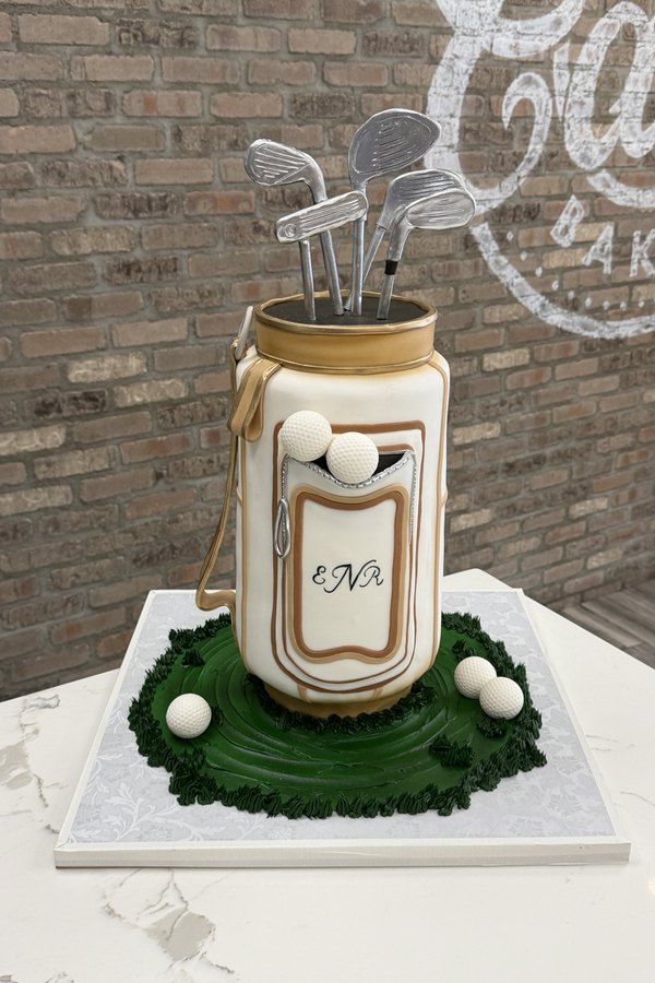Sculpted golf bag cake with golf clubs, golf balls, monogram and grass base.