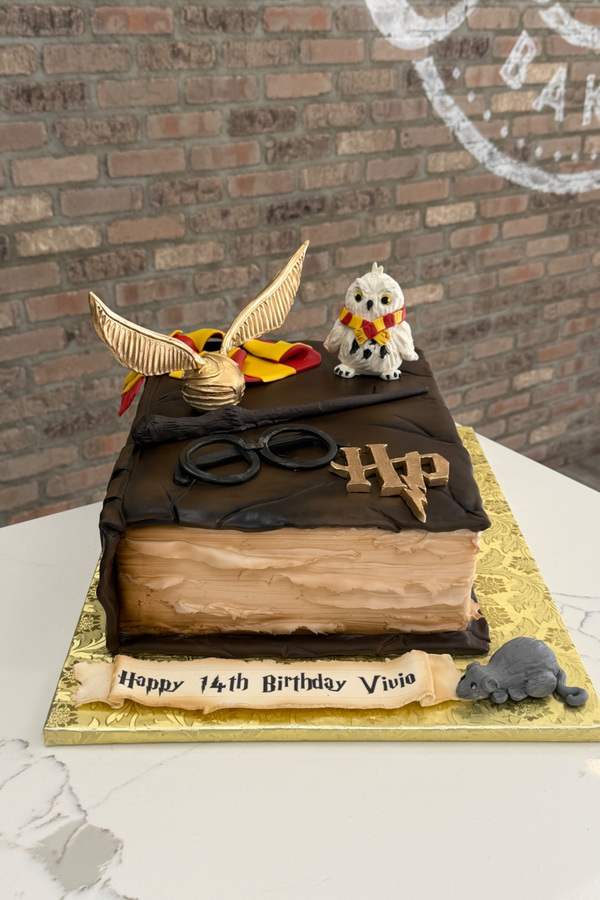 Harry Potter book cake with Golden Snitch, owl, wand, glasses, scarf and HP emblem.